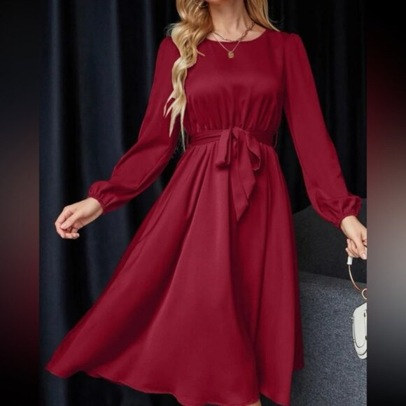 Luxe lantern sleeve belted dress - Picture 10 of 15